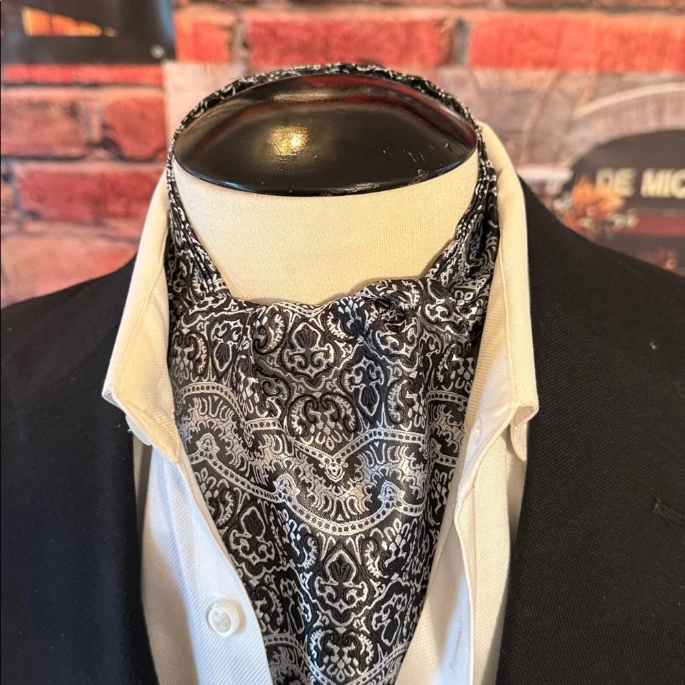 Elegant Black and White Paisley Ascot Cravat